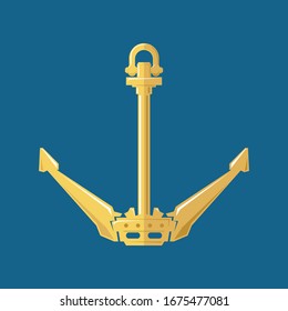 Gold flat anchor isolated on a blue background, silhouette marine equipment, travel and tourism concept, vector illustration