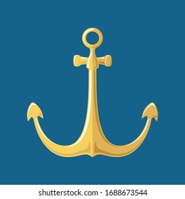 Gold flat anchor isolated on a blue background, silhouette marine equipment, travel and tourism concept, vector illustration