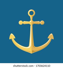 Gold flat anchor isolated on a blue background, silhouette marine equipment, travel and tourism concept, vector illustration