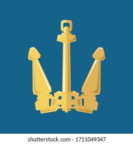 Gold flat anchor isolated on a blue background, silhouette marine equipment, travel and tourism concept, vector illustration