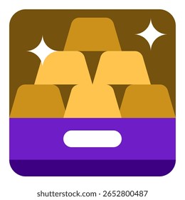 Estilo de design Plano Dourado, barras de ouro brilhantes empilhadas em uma bandeja, indicando valor de ativo ou investimento, adequado para serviços bancários, negociação ou gerenciamento de riqueza.