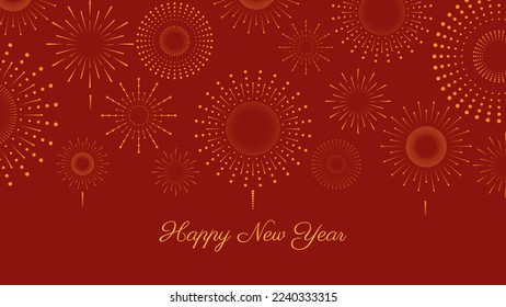 Gold flat fireworks design on red background, vector illustration line art starburst set