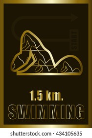 Gold flat Swimming triathlon. Vector figures triathletes on a bl