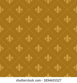 Gold Fleur De Lis dotted luxury pattern. Royal ornamental seamless background.