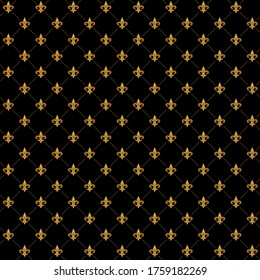 Gold Fleur De Lis elegant luxury pattern. Royal vintage ornamental seamless black background.