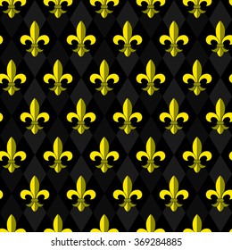 gold fleur de lis, royal lily vector seamless pattern, black rhombus background