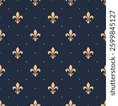 Gold fleur de lys on indigo blue dotted background. Vector seamless pattern. 