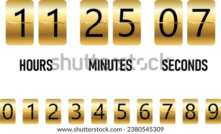 Gold Flip clock showing how much time hours, minutes and seconds. Vector illustration