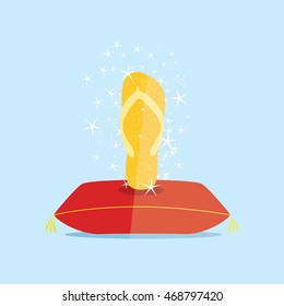 gold flip flop on a majestic pillow illustration isolated in a light blue background with sparkles stars