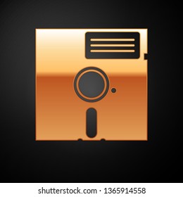 Gold Floppy disk in the 5.25-inch icon isolated on black background. Floppy disk for computer data storage. Diskette sign. Vector Illustration