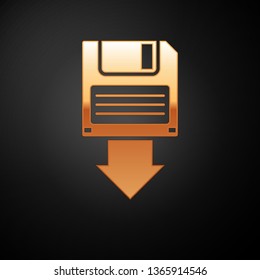 Gold Floppy disk backup icon isolated on black background. Diskette sign. Vector Illustration