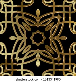 Gold floral 3d calligraphic line art seamless pattern. Black ornamental swirls vector background. Repeat backdrop. Arabesque style luxury ornament. Intricate golden calligraphy swirl lines, flowers.