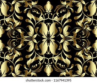 Gold floral 3d Damask vector seamless pattern. Vintage ornamental black ornate background. Decorative patterned design. Hand drawn golden 3d flowers, leaves, swirls, dots, lines. Russian ornaments.