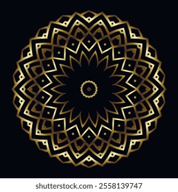 Gold floral 3d Mandala. Luxury ornamental round zigzag mandala pattern. Black and gold vector background. Intricate ethnic zig zag ornament with surface lines flowers. Ornate texture. Isolated design.