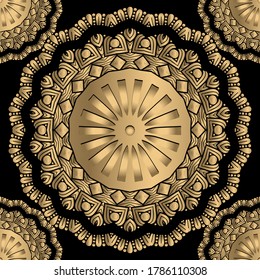 Gold floral 3d mandalas seamless pattern. Lace ornamental vector background.  Oriental elegance line art ethnic ornament. Golden abstract flowers, lines, circles. Beautiful ornate luxury design.
