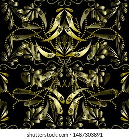 Gold floral 3d seamless pattern on black background