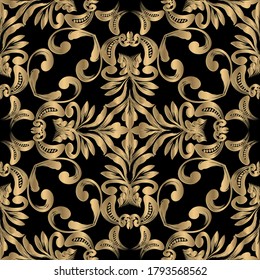 Patrón dorado floral 3d sin fisuras. Fondo con patrones de lujo vectorial. Florecer repetir fondo ornado. Hermoso y elegante adorno vintage con flores doradas, hojas, puntos. Diseño de elegancia ornamental.