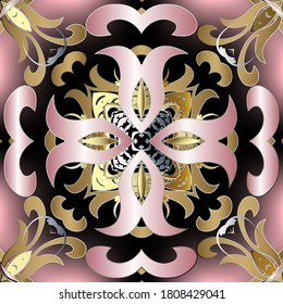 Patrón dorado floral 3d sin fisuras. Lujo ornamental. Repetir el fondo ornamentado. Los adornos rosa de estilo barroco antiguo. Flores de oro rosado, hojas. Textura de superficie. Diseño decorativo ordenado.