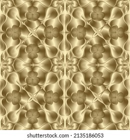 Gold floral 3d seamless pattern. Luxury shiny ornamental vector background. Decorative repeated golden backdrop. Surface floral ornaments with golden flowers. Ornate beautiful endless glow texture.