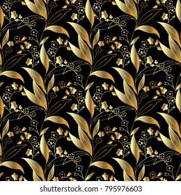 Gold floral 3d seamless pattern. Vector flourish background with abstract small flowers, leaves.  Golden surface ornaments. Luxury vintage design for wallpapers, fabric, prints