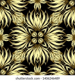 Gold floral 3d vector seamless pattern. Ornamental beautiful ornate baackground. Hand drawn golden flowers, leaves. Repeat vintage patterned backdrop. Luxury ornament. 3d wallpaper. Fabric, textile.