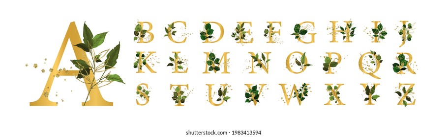 Gold floral alphabet font uppercase letters with flowers leaves and gold splatters for wedding invite card and logo. Vector illustration for greeting card template design