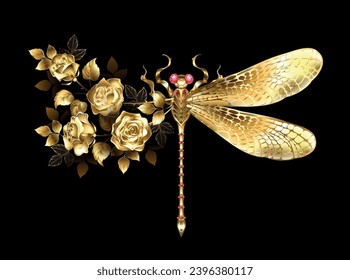 Gold, floral, artistically drawn sparkling, asymmetrical dragonfly with shiny, jeweled wings and gold, blooming roses with gold on black background. Gold dragonfly. Hand drawn vector art.