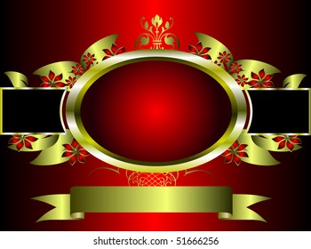 A gold floral background template design with room for text on a rich red background