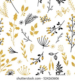 Gold Floral Background. Vector Glitter Textured Seamless Pattern With Branches Leaf Berries. Perfect For Holidays