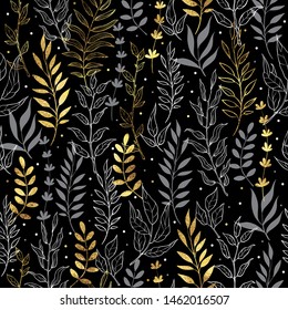 Gold floral background. Vector seamless pattern with white and gray branches, gold leaf on black background. Perfect for holidays