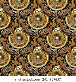 Gold floral beautiful round mandalas seamless pattern. Ornamental vector background. Modern mandalas with greek key meanders. Golden vintage flowers. Luxury Deco ornaments.  Surface endless texture.