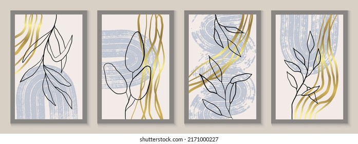 Gold floral boho posters set. Contemporary aesthetic background with leaves, arc, golden lines. Tropical floral design. Bohemian Minimal vector illustration set, poster, wall art, print, cover.