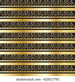 Gold floral border pattern. Vintage gold ornament on black background for invitations, birthday and greeting cards, certificate. Oriental golden decor. Vector Illustration.