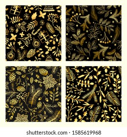 Gold floral Christmas pattern. Vector golden seamless pattern with branches, leaf, berries. Holidays background isolated on black