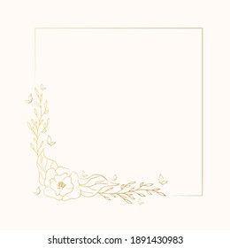 Gold Floral Corner Wreath For Wedding Card. Vector Isolated Golden Elegant Flower Border. Flourish Square Frame.	