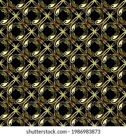 Gold floral Damask seamless pattern. Arabesque ornamental vector background. Patterned repeat  backdrop. Vintage golden flowers ornaments. Decorative ornate design in Baroque style.. Endless texture.