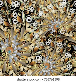Gold floral damask seamless pattern. Swirls vector background with golden silver flowers, spiral curves, lines, leaves and baroque ornaments. Luxury design for wallpapers, fabric, prints, textile