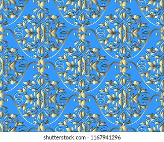 Gold floral Damask vector seamless pattern. Vintage ornamental light blue background. Decorative patterned design. Hand drawn golden flowers, leaves, swirls, lines. Elegance design. Wallpaper, textile