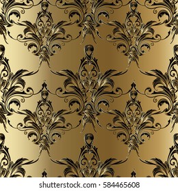 Gold floral  Damask vector seamless pattern.Antique 3d Baroque ornaments.Luxury golden  background wallpaper with black medieval scroll swirl leaves, flowers. Royal texture for fabric, textile.