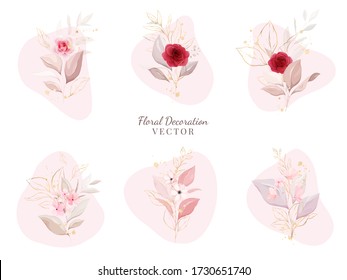 Juego de vectores de decoración floral de oro. Disposiciones botánicas ilustración de rosas rojas y melocotones con hojas, rama. Elementos botánicos para bodas, tarjetas de felicitación o vectores de diseño de logotipo
