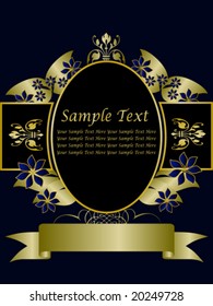 A gold floral design with room for text on a royal blue and black background