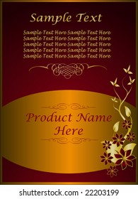 A gold floral design with room for text on a rich red background
