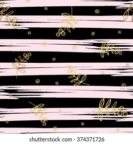 Gold floral elements on stripe background. Vector pattern