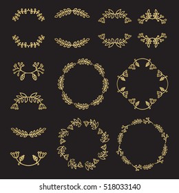 Gold floral elements - wreaths, dividers and frames. For decorating invitation or banner