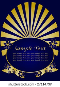 A gold floral fan effect vector design with room for text on a royal blue background