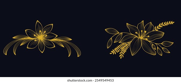 Gold floral flower line art border frame. Luxury botanical background with  flowers, branches, leaves. Vector illustration with elegant vintage botanical decorative elements
