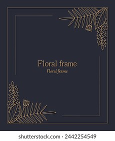 Gold floral frame and border with palm fronds and flowers, gold outline palm frond design.