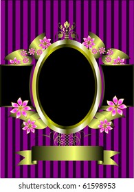 a gold floral frame on a classic purple striped  background with room for text