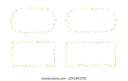Gold Floral Frame Outline Doodle Set. Golden nature border template, flourish design element for wedding, greeting card.