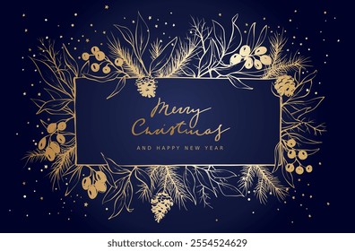 Gold floral frames with branches fir, berries and leaves. Vector christmas illustration, postcard or invitation to a holiday, freehand drawing.	